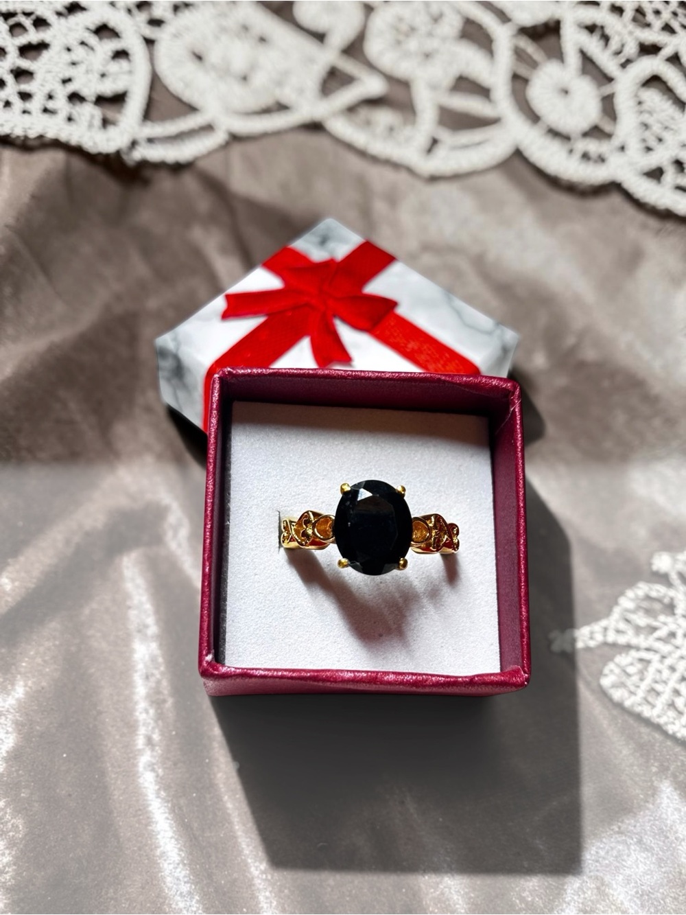 Gold 316L Stainless Steel Black Gemstone Ring - Size 8.25 Elegant Women's